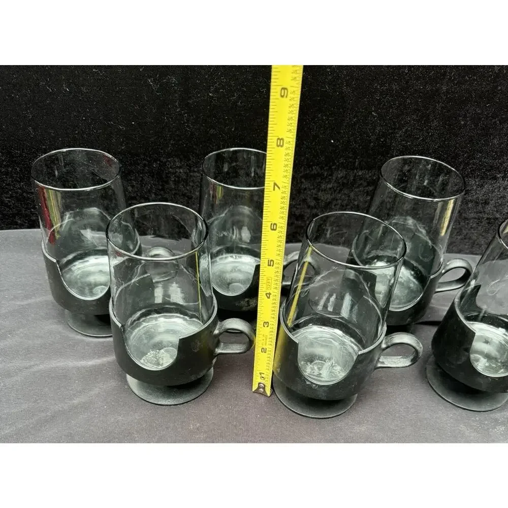 6 Vtg Glas-Snap Corning Black Handle Smoke Gray Hot Cold Glasses MCM -8/9
